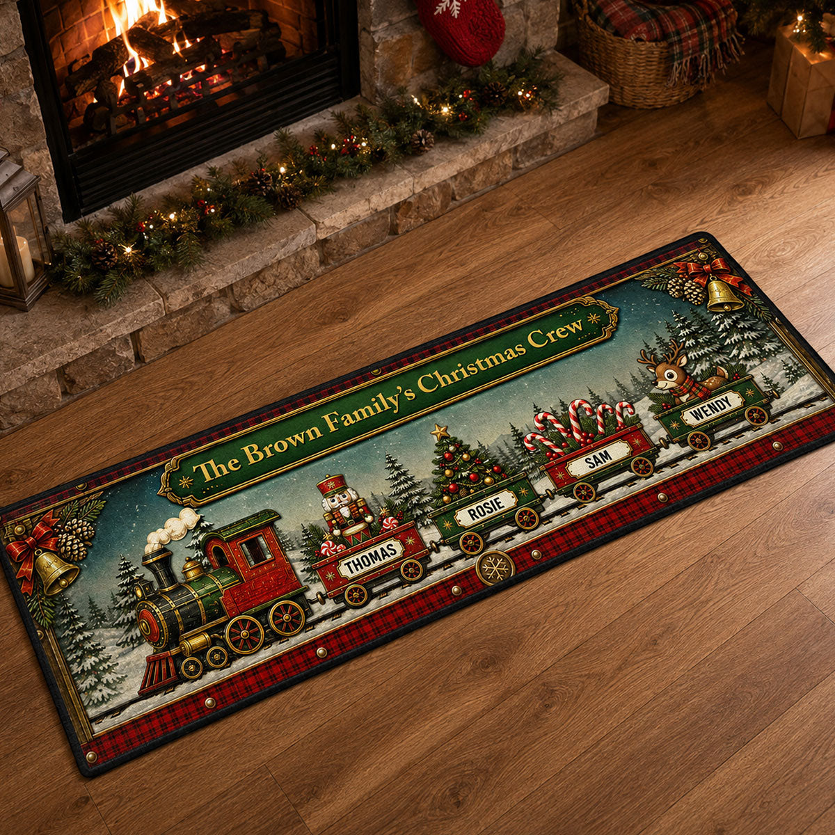 Custom Family Name Christmas Rug, Holiday Gift For Grandma Grandpa • Christmas Train Family - Personalized Runner Rug