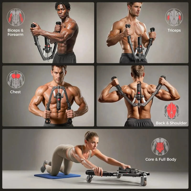 2-in-1 Hydraulic Chest & Arm Trainer with Ab Roller | 22–440 lbs Adjustable Home Gym Equipment
