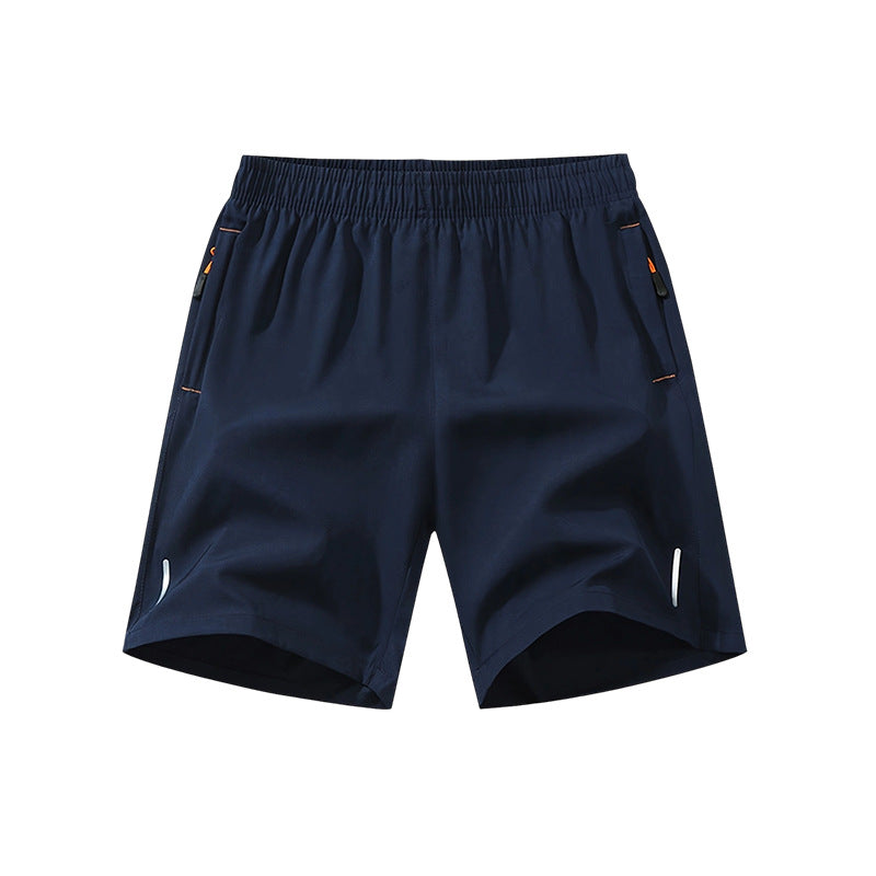 Men's zipper pocket shorts, summer ice silk beach shorts, ice-sense quick-dry sports casual pants, basketball shorts thin, plus-size men's clothing reflective strip design, Menswear，Plain Trouser，suitable for running and fitness. Beige,summe