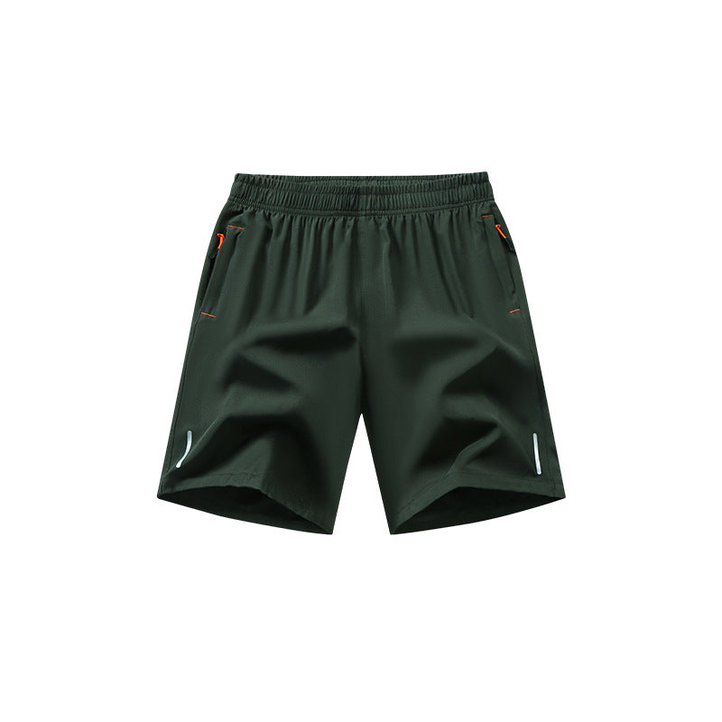 Men's zipper pocket shorts, summer ice silk beach shorts, ice-sense quick-dry sports casual pants, basketball shorts thin, plus-size men's clothing reflective strip design, Menswear，Plain Trouser，suitable for running and fitness. Beige,summe