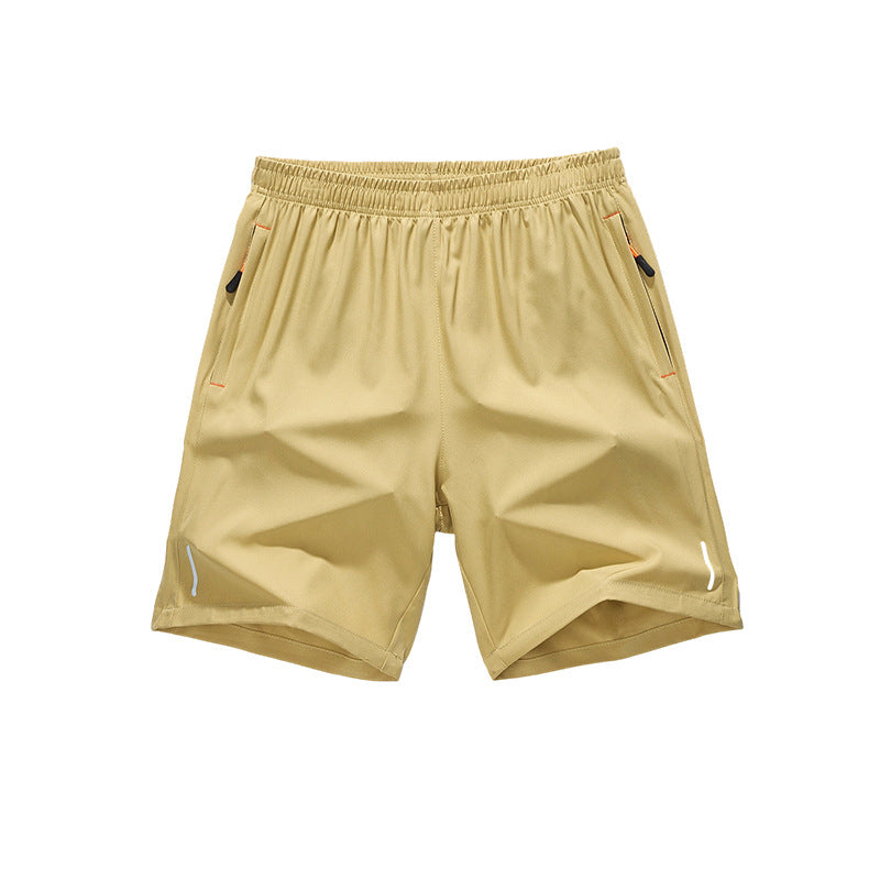 Men's zipper pocket shorts, summer ice silk beach shorts, ice-sense quick-dry sports casual pants, basketball shorts thin, plus-size men's clothing reflective strip design, Menswear，Plain Trouser，suitable for running and fitness. Beige,summe