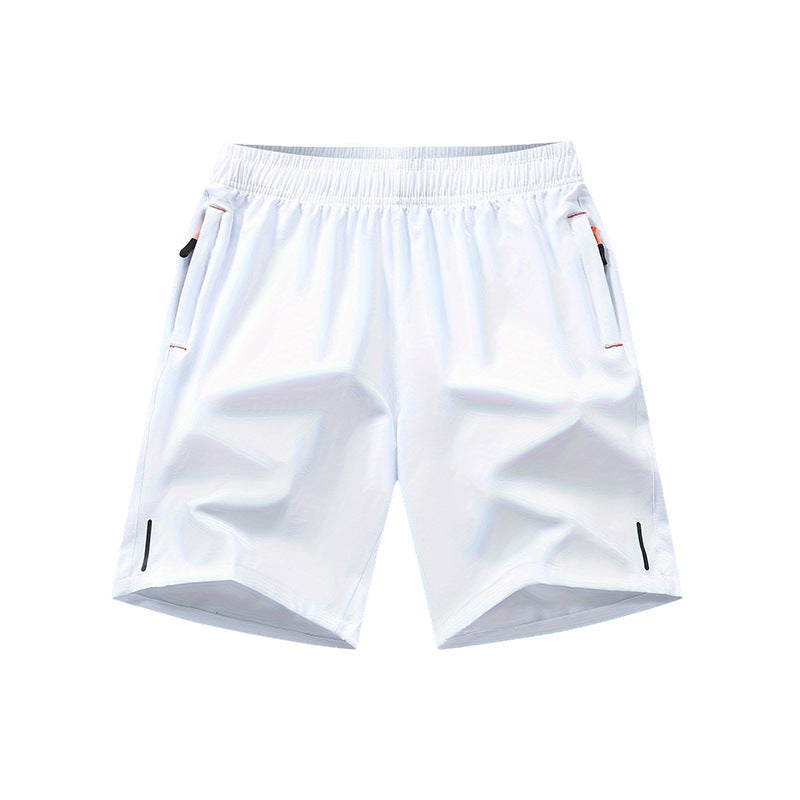 Men's zipper pocket shorts, summer ice silk beach shorts, ice-sense quick-dry sports casual pants, basketball shorts thin, plus-size men's clothing reflective strip design, Menswear，Plain Trouser，suitable for running and fitness. Beige,summe