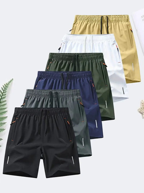 Men's zipper pocket shorts, summer ice silk beach shorts, ice-sense quick-dry sports casual pants, basketball shorts thin, plus-size men's clothing reflective strip design, Menswear，Plain Trouser，suitable for running and fitness. Beige,summe