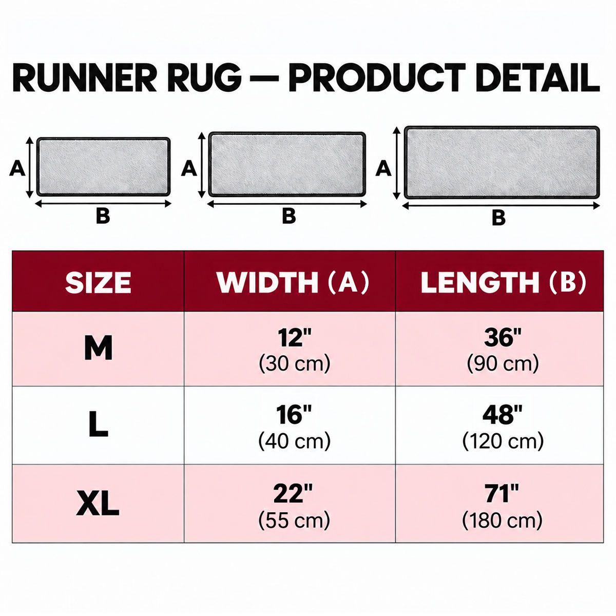 Runner rug dimensions: M 12 by 36 inches, L 16 by 48 inches, XL 22 by 71 inches